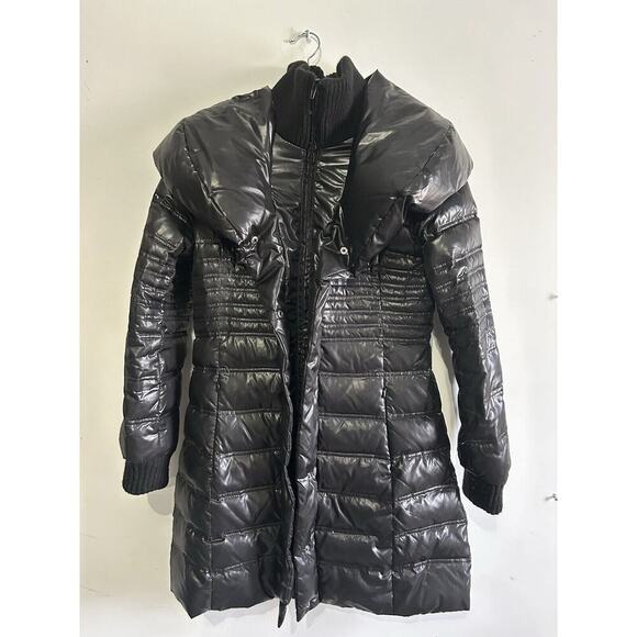 Moda international Puffer Jacket Black Women’s Size Small Long Winter Coat Shiny - Picture 1 of 15